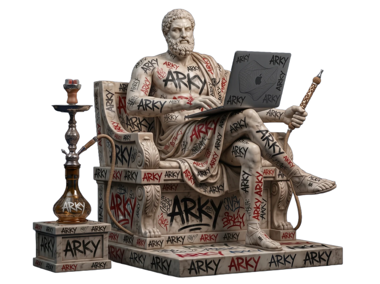 Floating arky marble philosopher with a laptop and graffiti